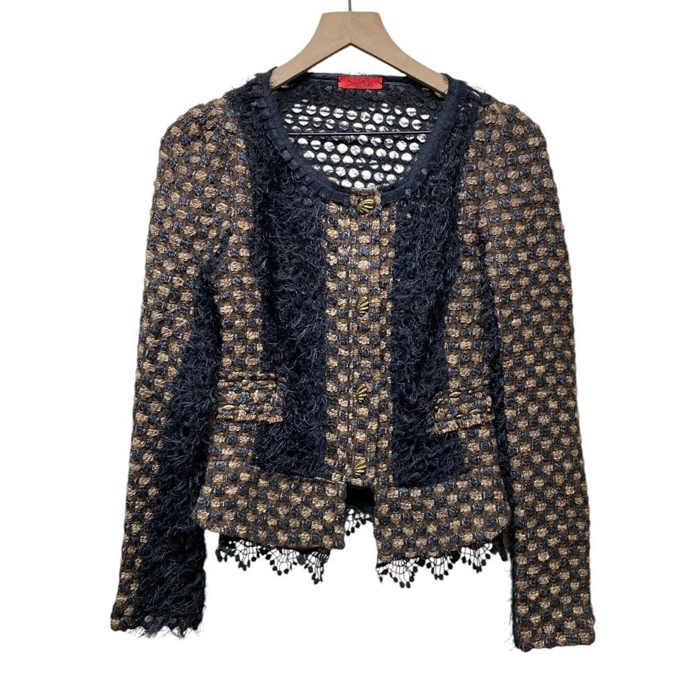 Saint Gil Blazer Jacket Women S Semi‎ Sheer Faux Fur Woven Crochet Lace Ruffle